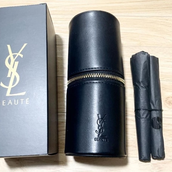 YSL Authentic Faux Leather Cylinder/Container W/Embossed Logo, 3 Makeup Brushes - Picture 1 of 4